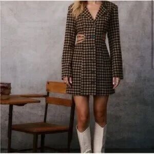 12th Tribe Plaid Long Sleeve Dress with cutouts
